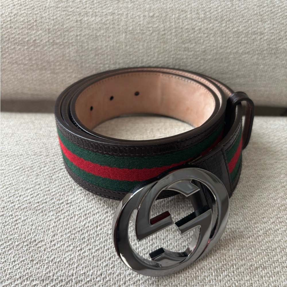 Authentic Gucci Interlocking G Belt, Brown, Green  & Red Web, Size 100cm/39.3 In